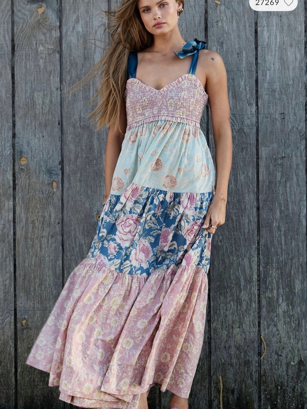 Free People Smocked Top with Blue Floral Skirt and Navy Ribbon Blue Bell Maxi - Picture 7 of 8